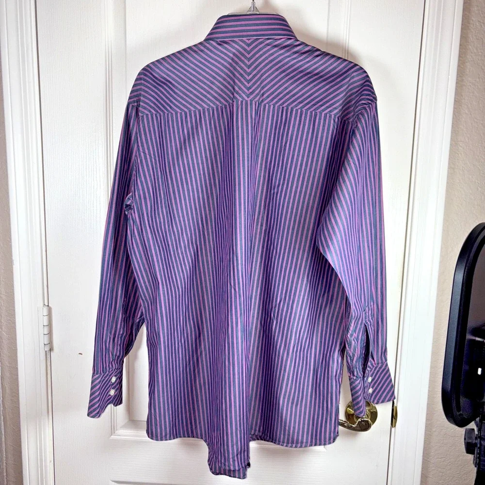 Men's Ted Baker Button Down Shirt Navy Blue‎ & Fuchsia Pinstripe Long Sleeve